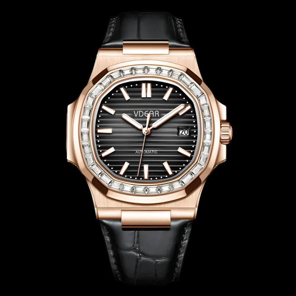 Black Leather Quartz Men Watch, Gents Dress Watch with Crystal Dial