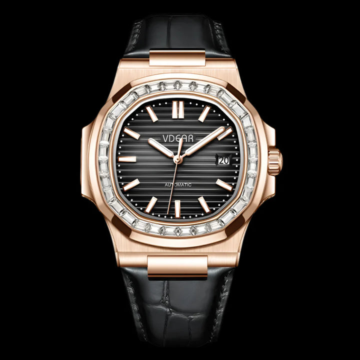 Black Leather Quartz Men Watch, Gents Dress Watch with Crystal Dial