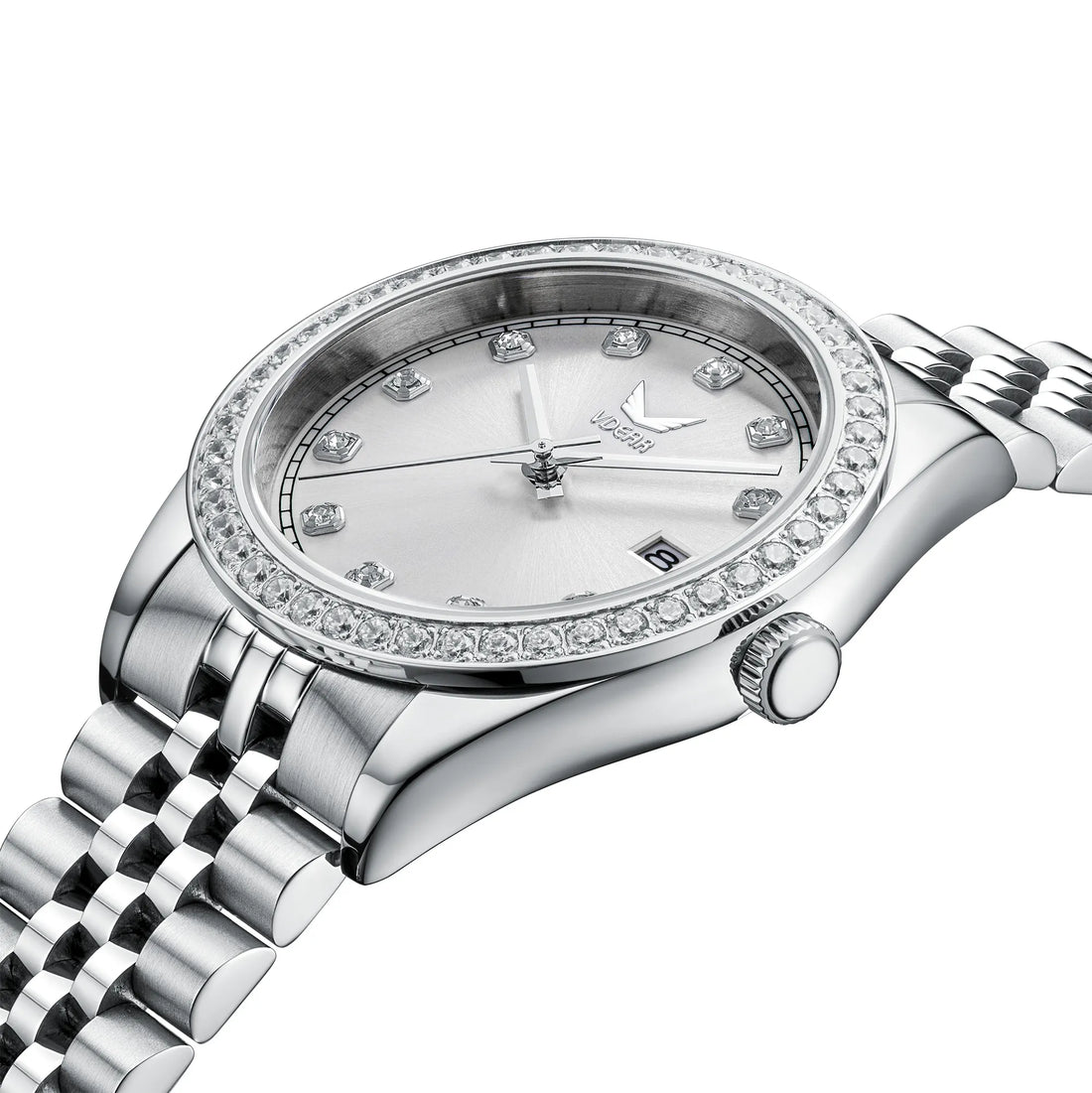 Vdear 40mm Luxury Quartz Watch – Crystal Bezel, Diamond Markers, Calendar