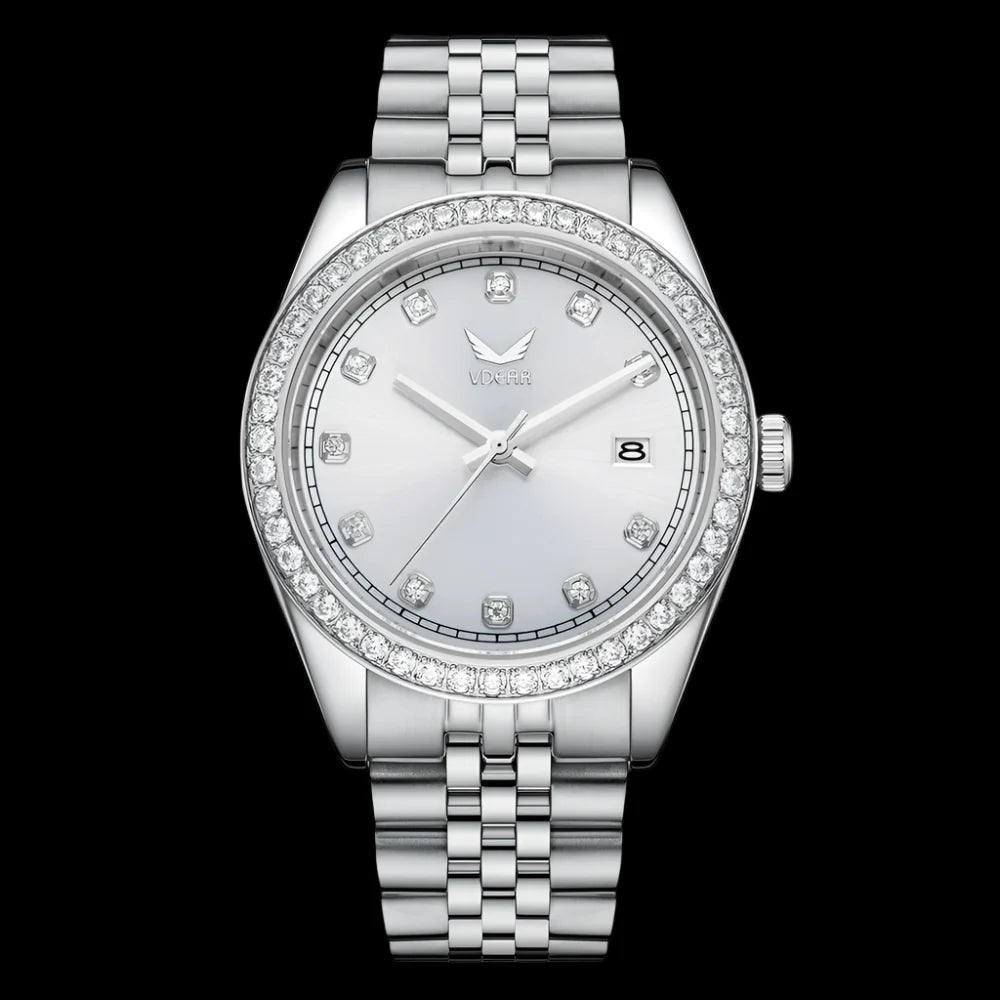 Vdear 40mm Luxury Quartz Watch – Crystal Bezel, Diamond Markers, Calendar