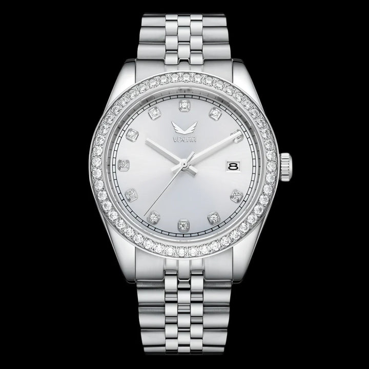 Vdear 40mm Luxury Quartz Watch – Crystal Bezel, Diamond Markers, Calendar