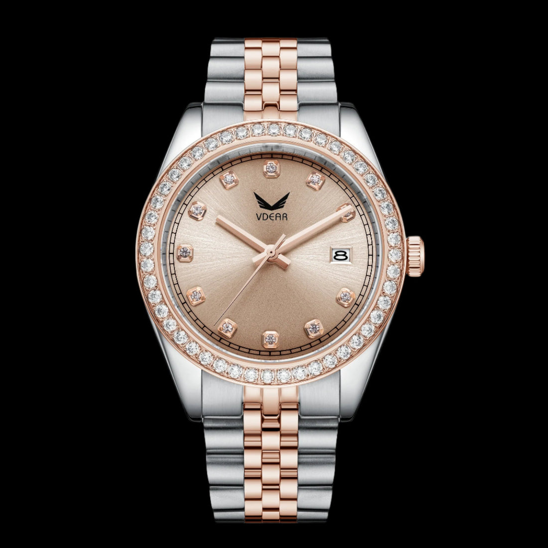 Vdear 40mm Luxury Quartz Watch – Crystal Bezel, Diamond Markers, Calendar