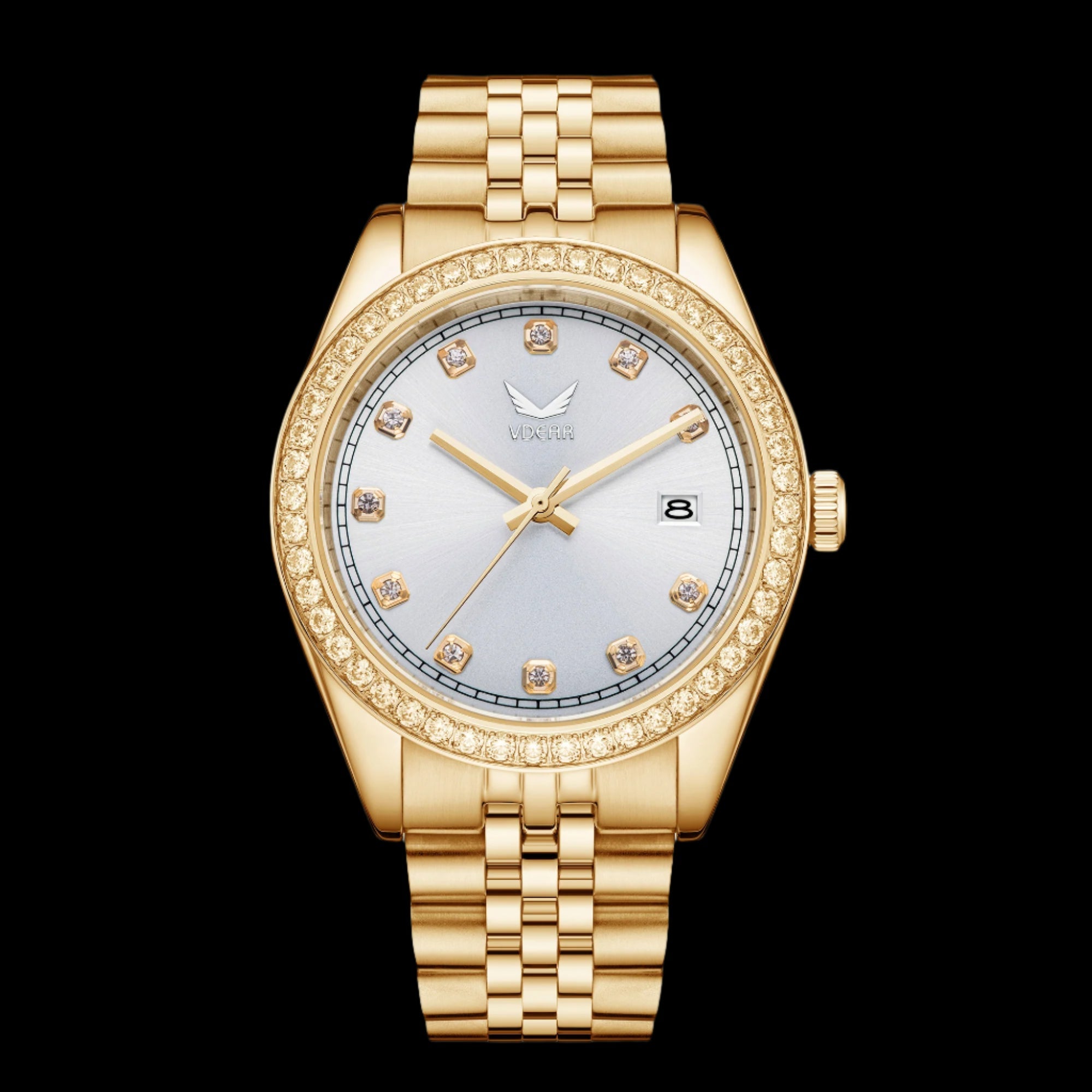 Vdear 40mm Luxury Quartz Watch – Crystal Bezel, Diamond Markers, Calendar