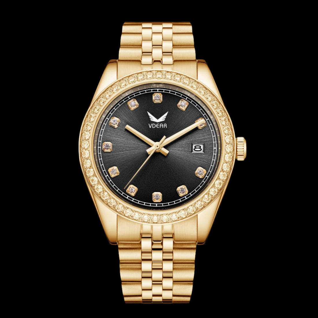 Vdear 40mm Luxury Quartz Watch – Crystal Bezel, Diamond Markers, Calendar