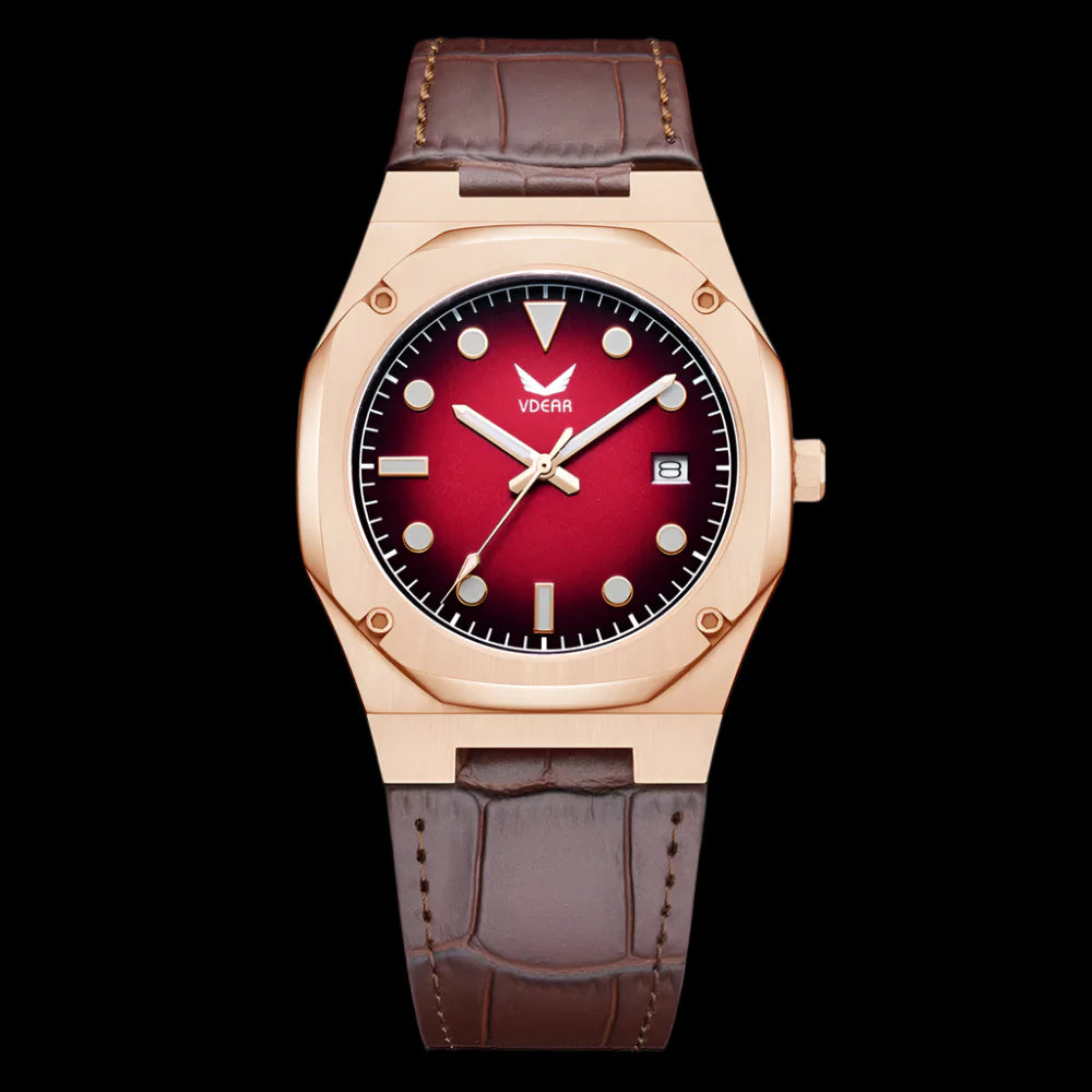 Vdear Men's Ultra-Thin Quartz Watch – Gradient Dial, Leather Band, Luminous, 30M Waterproof