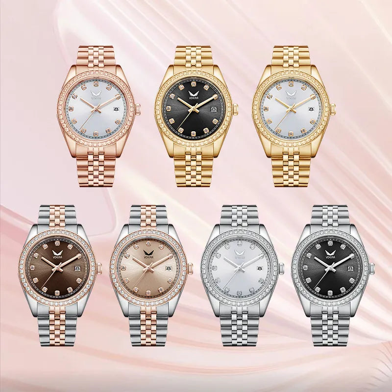 Vdear 40mm Luxury Quartz Watch – Crystal Bezel, Diamond Markers, Calendar