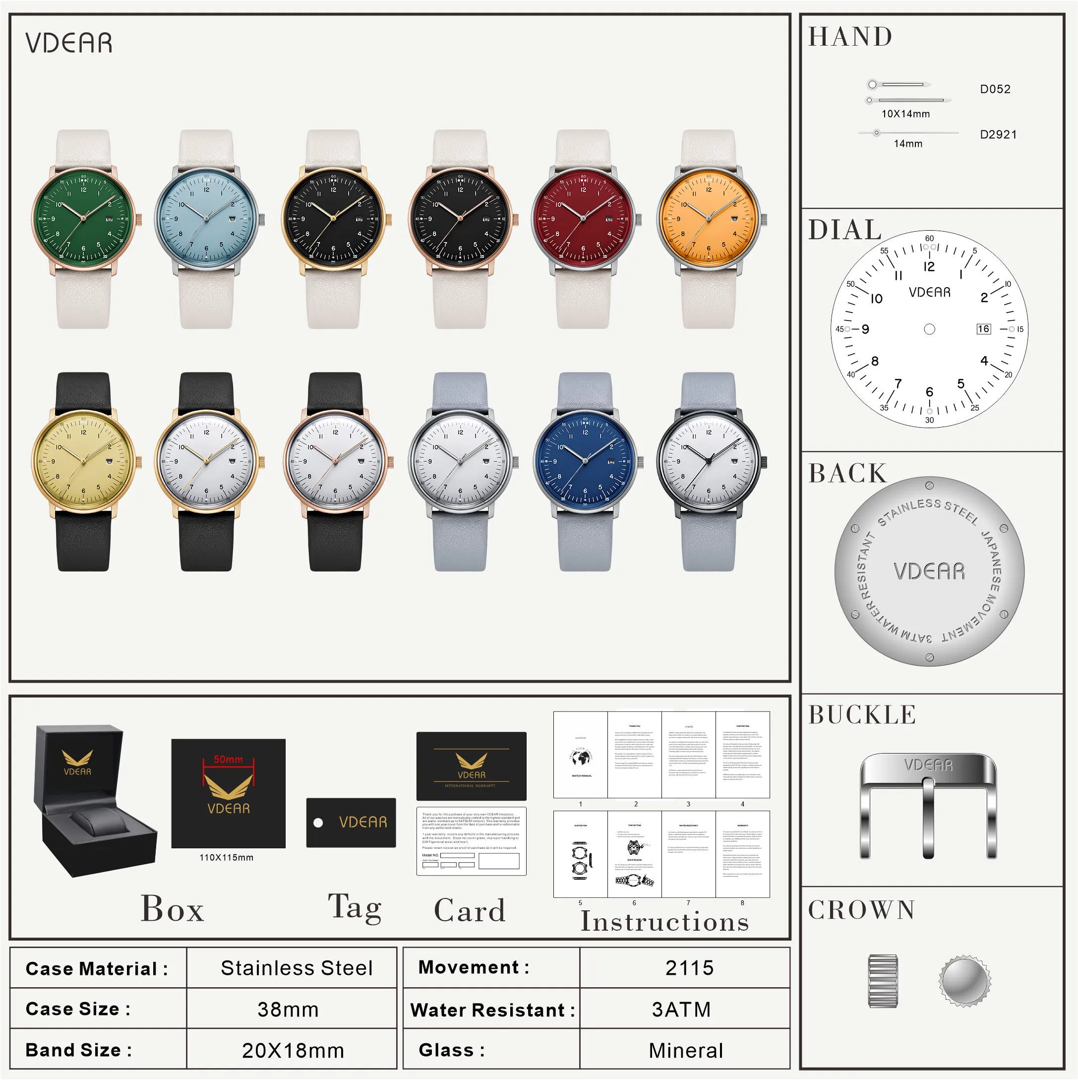 Vdear Unisex Quartz Watch – 38mm Leather Band, Luminous Dial