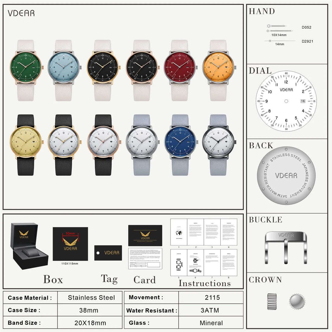 Vdear Unisex Quartz Watch – 38mm Leather Band, Luminous Dial