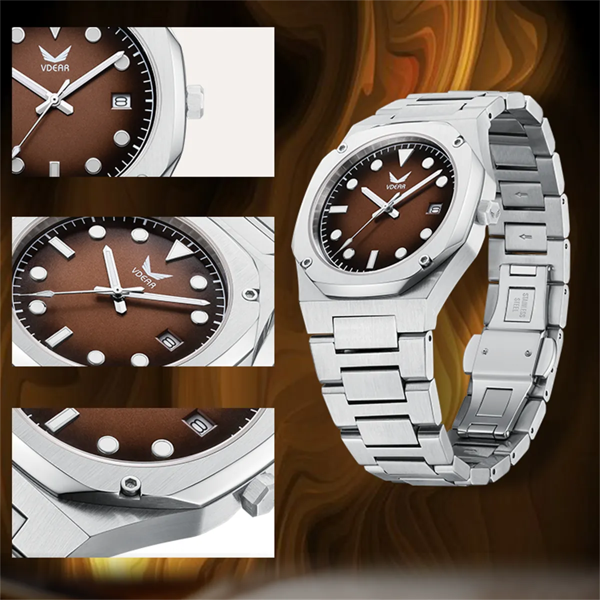 Vdear Men's Ultra-Thin Quartz Watch – Gradient Dial, Leather Band, Luminous, 30M Waterproof