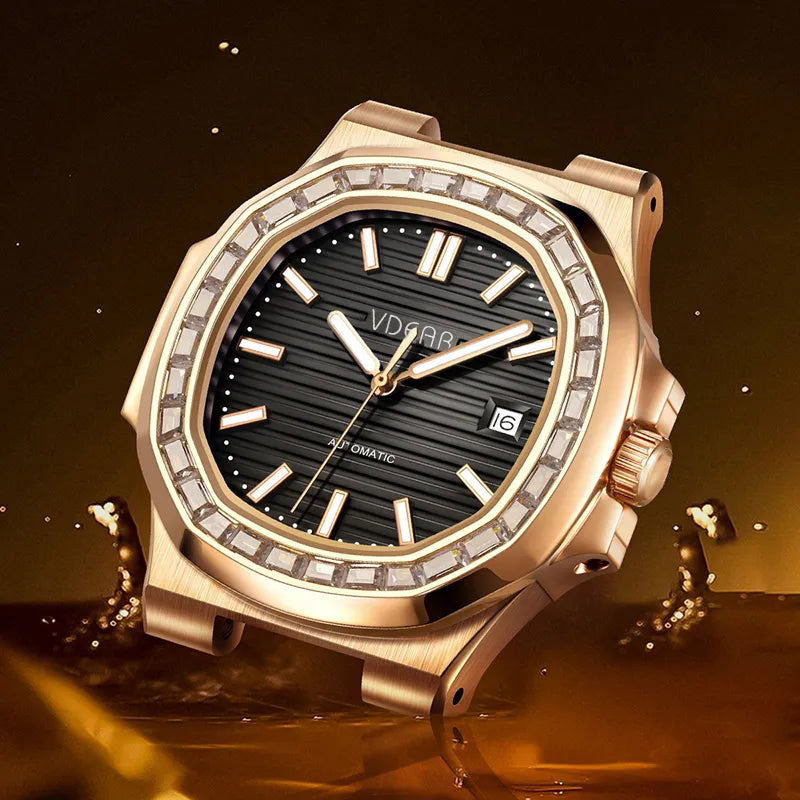 Black Leather Quartz Men Watch, Gents Dress Watch with Crystal Dial